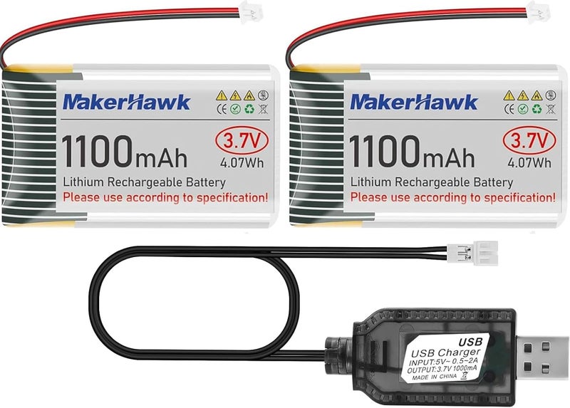 MakerHawk 2PCS 3.7V 1100mAh LiPo Battery Rechargeable 102540 JST2.0 Plug Lithium Polymer Battery with 1000mA USB Charger Cable and Protection Board Insulated Rubber Tape for Electronic Device RC Car Drones - Image 1